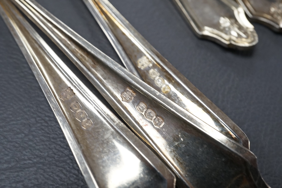 A set of seven Elizabeth II silver fish knives and six forks, Cooper Brothers & Sons, Sheffield, 1966, together with a set of twelve continental 800 standard white metal dessert forks, 39oz.